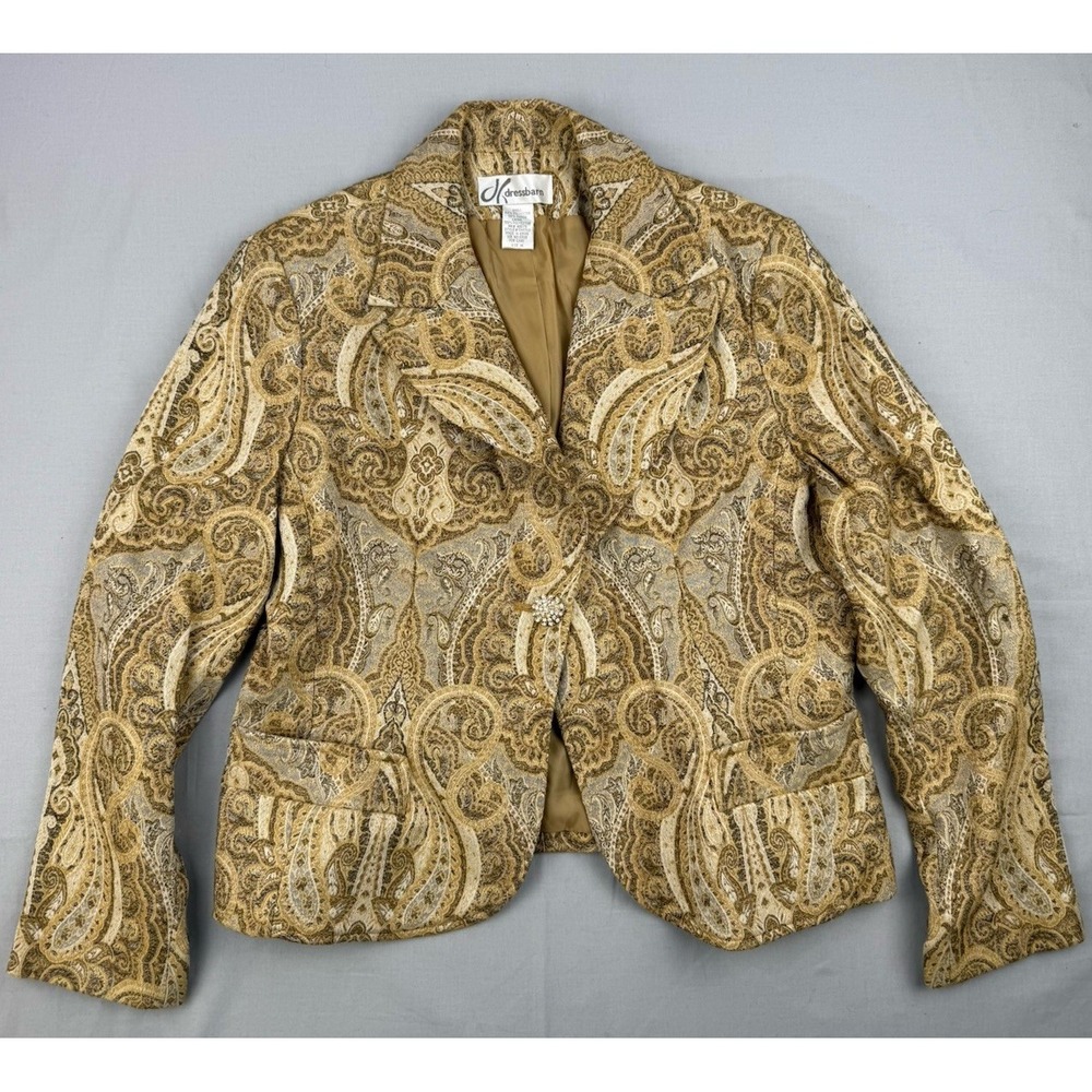 Boho Paisley Jacquard Blazer Gold Rhinestone Button Size‎ 14 Dressbarn
